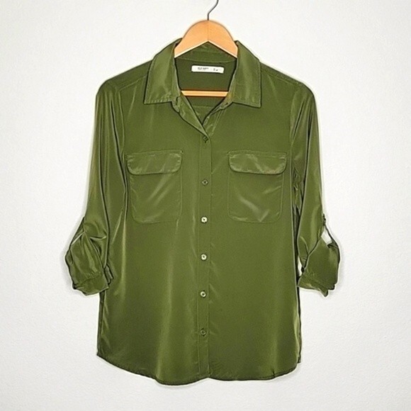 OLD NAVY Green Collared Long Roll Tab Sleeves Button Up Chest Pockets size M - Picture 2 of 16